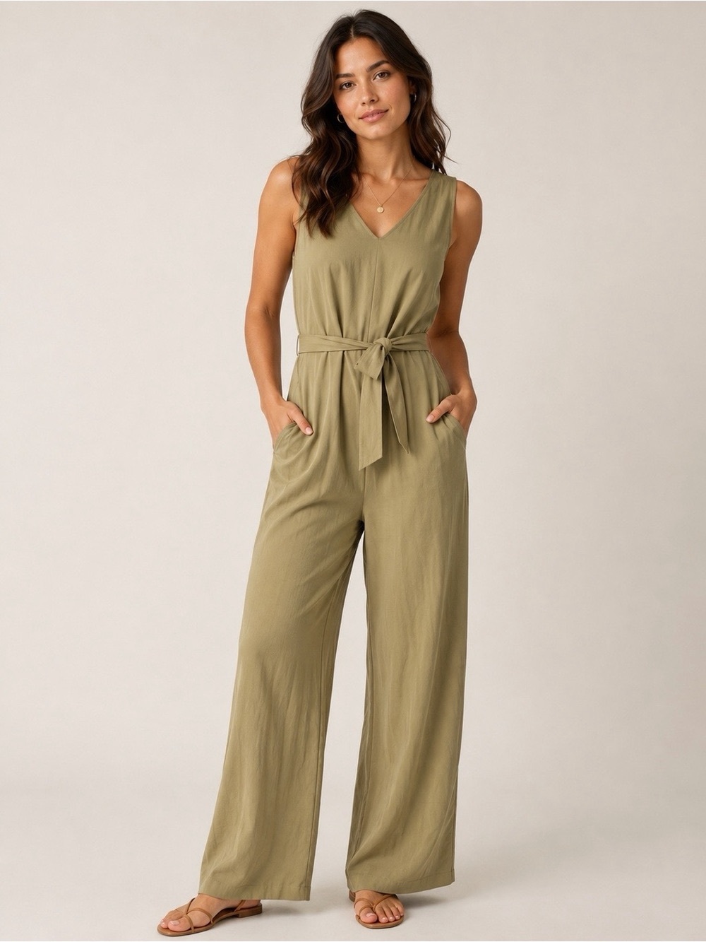 Everlane Olive Japanese Go-weave Sleeveless Wide-Leg Jumpsuit with Tie waist